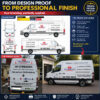 Van graphics design proof beside the completed Van