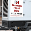magnetic sign on the side of generator showing company name, logo and contact details