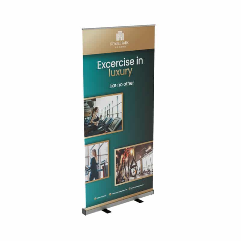 1000mm Graphia® Roller Banner on a white background promoting a luxury hotel brand