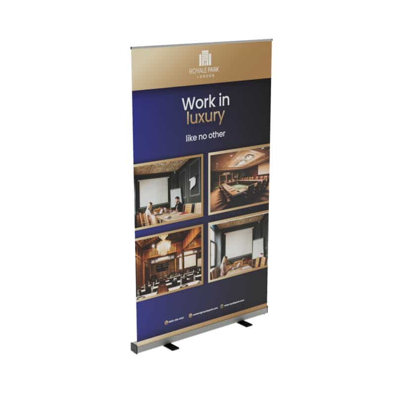 1200mm Graphia® Roller Banner on a white background promoting a luxury hotel brand