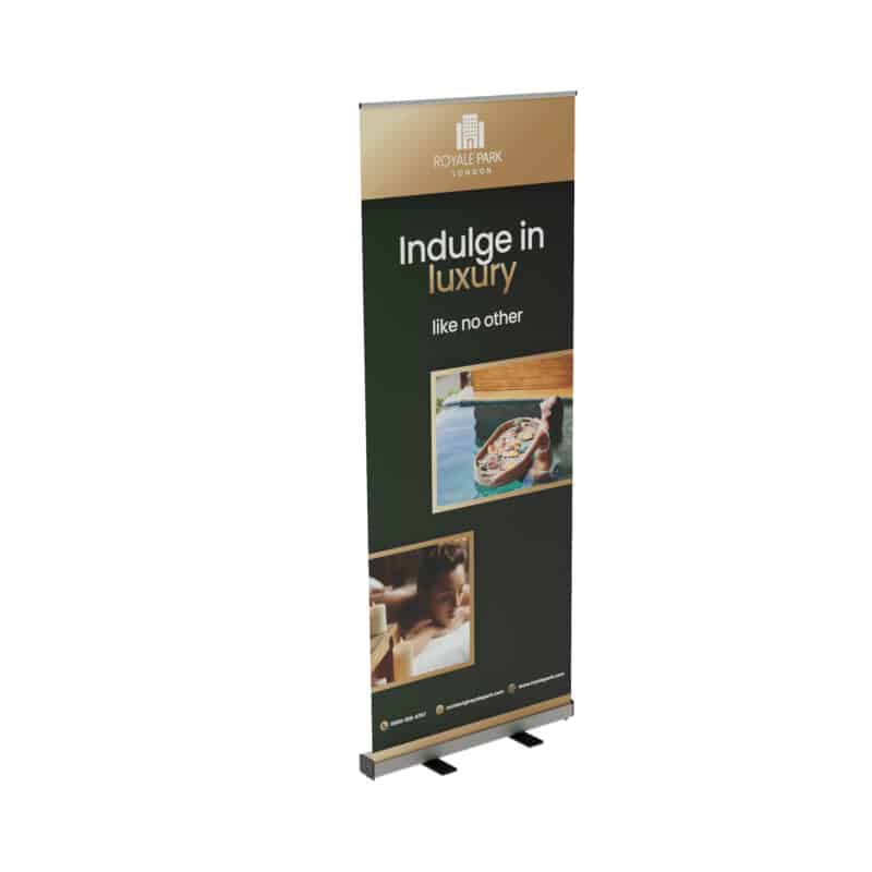 800mm Graphia® Roller Banner on a white background promoting a luxury hotel brand