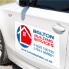 magnetic car sign on car door showing company name, logo and contact details