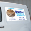 magnetic van sign on the side of a van showing company name, oval image and contact details