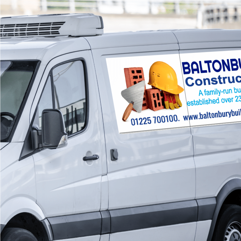 magnetic van sign on the side of a van showing company name, image and contact details