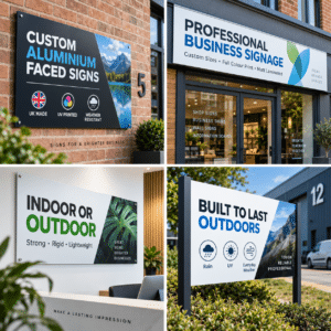Various professional signage examples displayed.