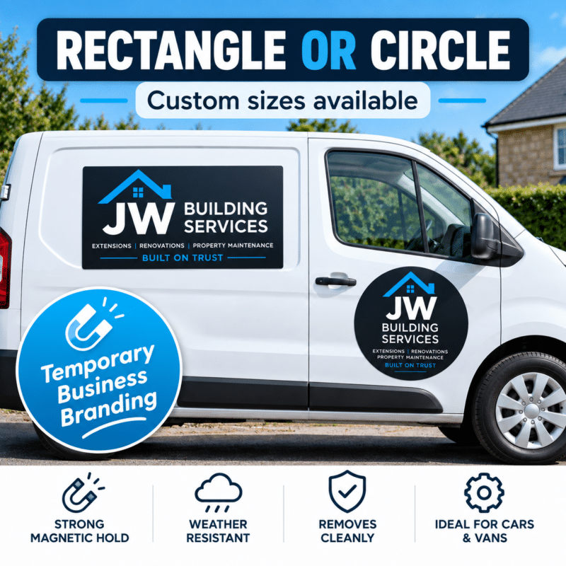 Custom magnetic signs available in rectangle or circle shapes for cars and vans