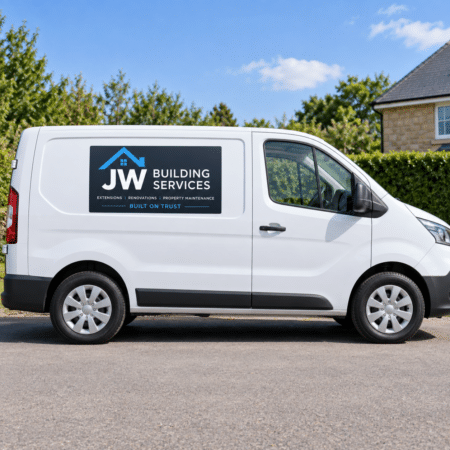 Custom magnetic van signs fitted to a white van door for removable business vehicle branding