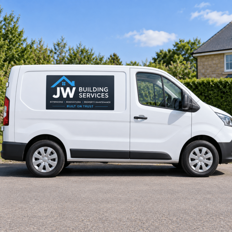 Custom magnetic van signs fitted to a white van door for removable business vehicle branding