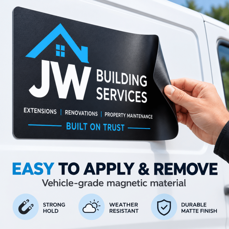 Easy apply magnetic vehicle sign with strong hold and weather resistant finish