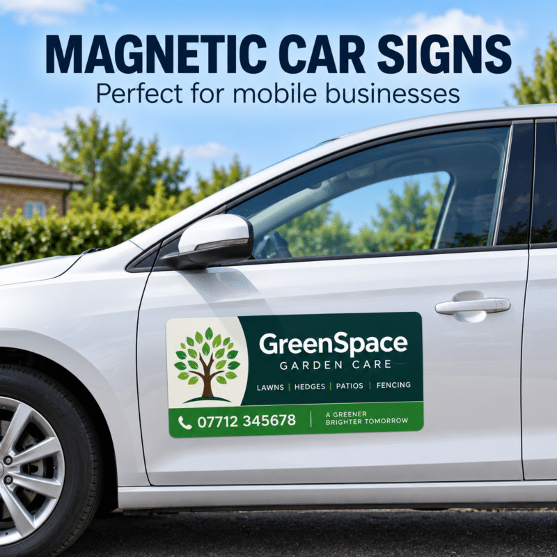 Magnetic car signs for mobile businesses fitted to a car door