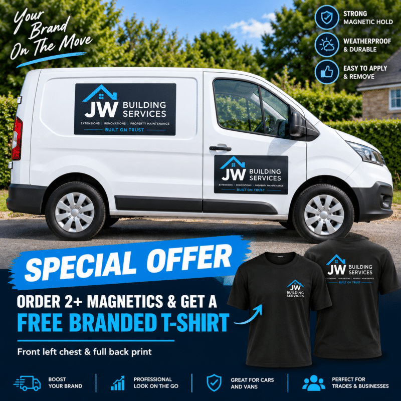 Special offer magnetic van signs with free branded T-shirt on qualifying orders