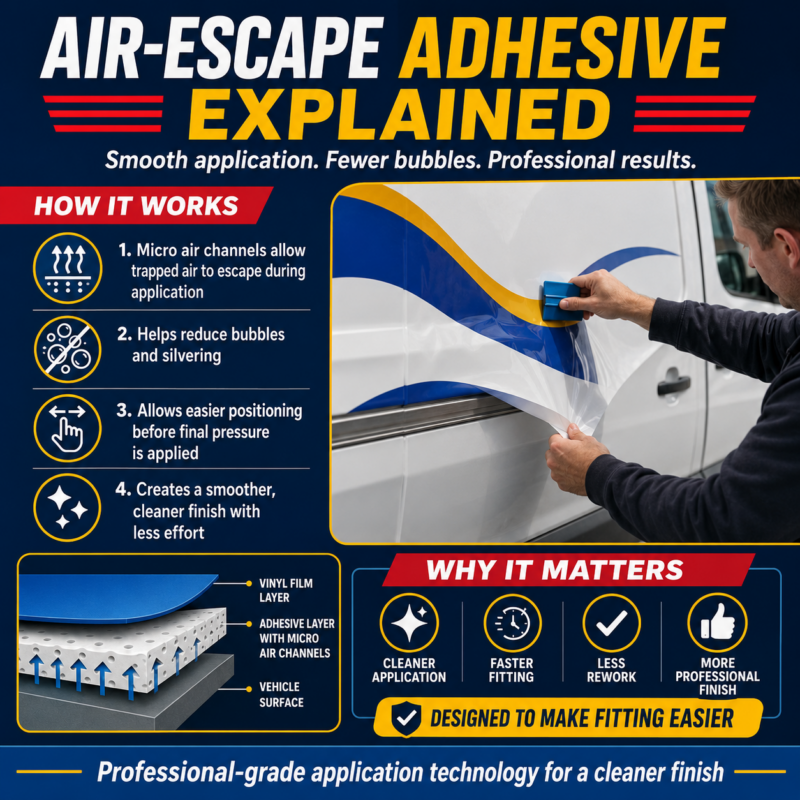 Diagram explaining air-escape adhesive channels in vehicle vinyl