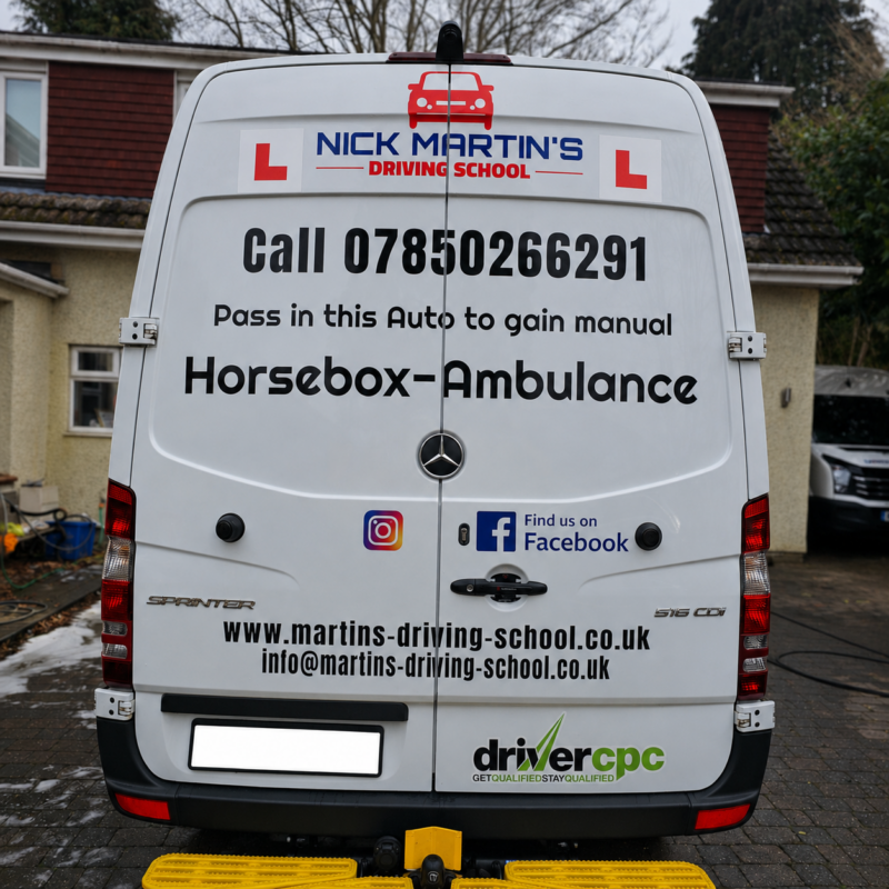 Rear view of Mercedes Sprinter with business contact graphics
