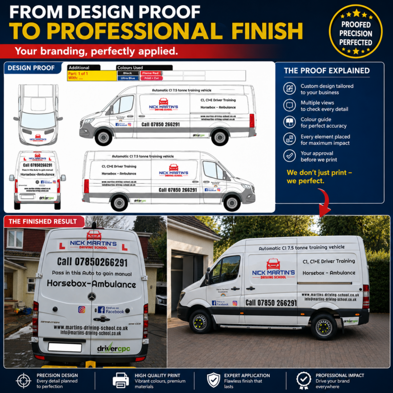 Van graphics design proof beside the completed Mercedes Sprinter