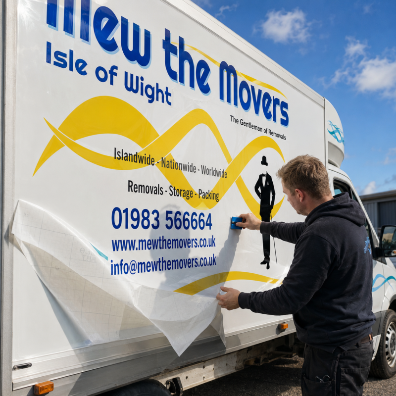 Customer applying air-escape vinyl to a removals van