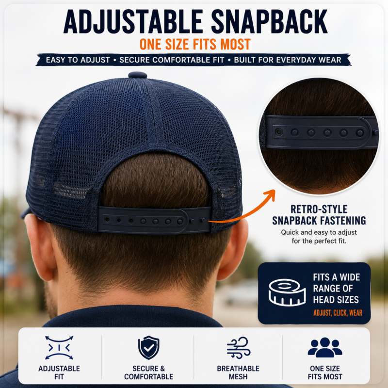 Rear view of an adjustable snapback trucker cap showing the fastening and breathable mesh