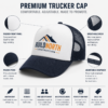 Personalised printed trucker cap showing padded front, breathable mesh and adjustable snapback