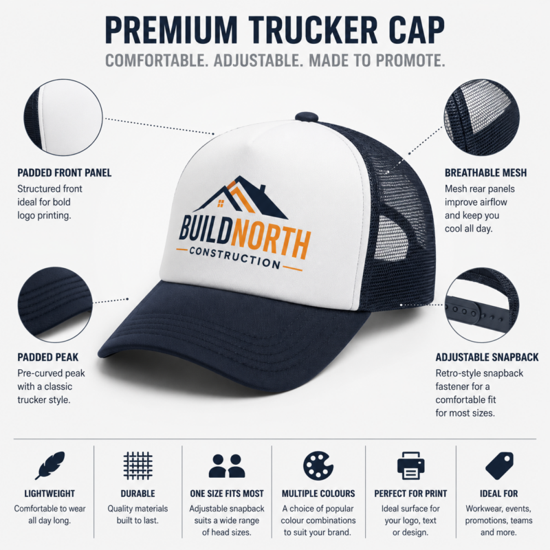 Personalised printed trucker cap showing padded front, breathable mesh and adjustable snapback