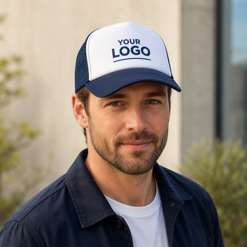 Man wearing a personalised printed trucker cap with a company logo