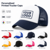 Personalised printed trucker caps showing mesh, peak and front panel colour options