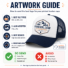 Artwork guide for personalised trucker caps showing accepted logo file types and print requirements