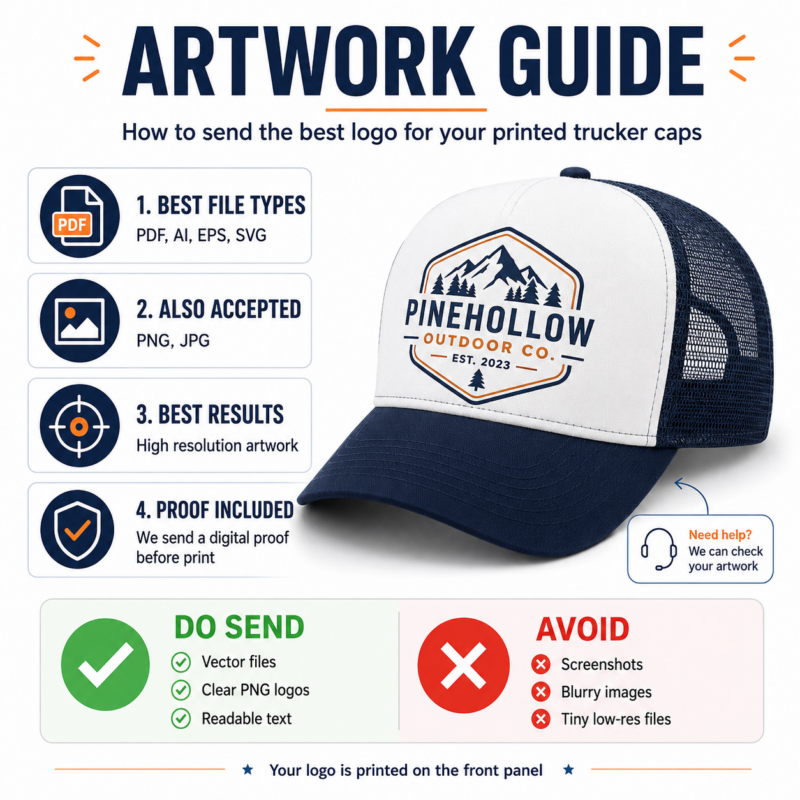 Artwork guide for personalised trucker caps showing accepted logo file types and print requirements