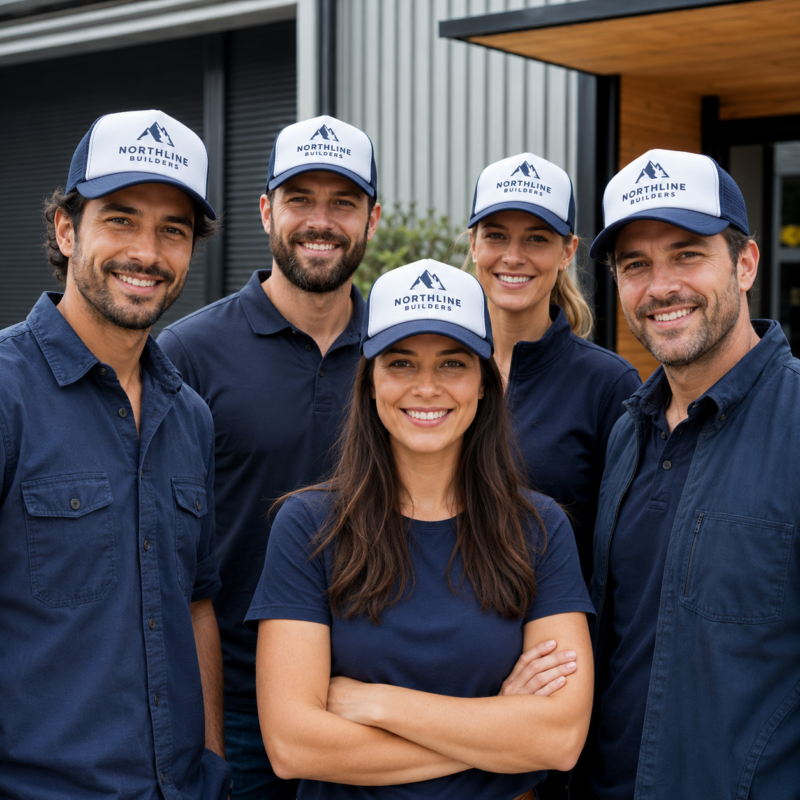 Business team wearing matching personalised trucker caps printed with a company logo