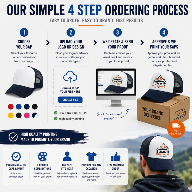 Four-step ordering process for personalised printed trucker caps with custom logos