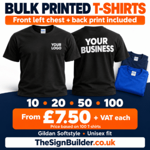 Bulk Printed Gildan T-Shirts – Front Left Chest & Back – 10, 20, 50 or 100