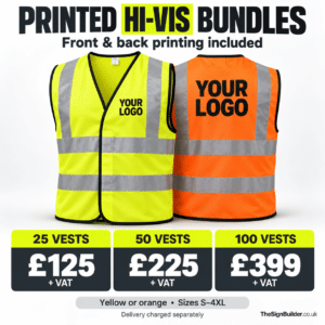 Printed Hi-Vis Vest Bundles – 25, 50 or 100 | Front & Back Print Included